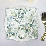 20 Pcs Paper Beverage Napkins 2 Ply Green with Foliage Eucalyptus Leaves Design 6.5"x6.5"
