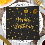 20 Pcs Paper Beverage Napkins 2 Ply Black/Gold with Happy Birthday Foil Print 6.5"x6.5"