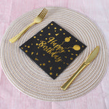 20 Pcs Paper Beverage Napkins 2 Ply Black/Gold with Happy Birthday Foil Print 6.5"x6.5"