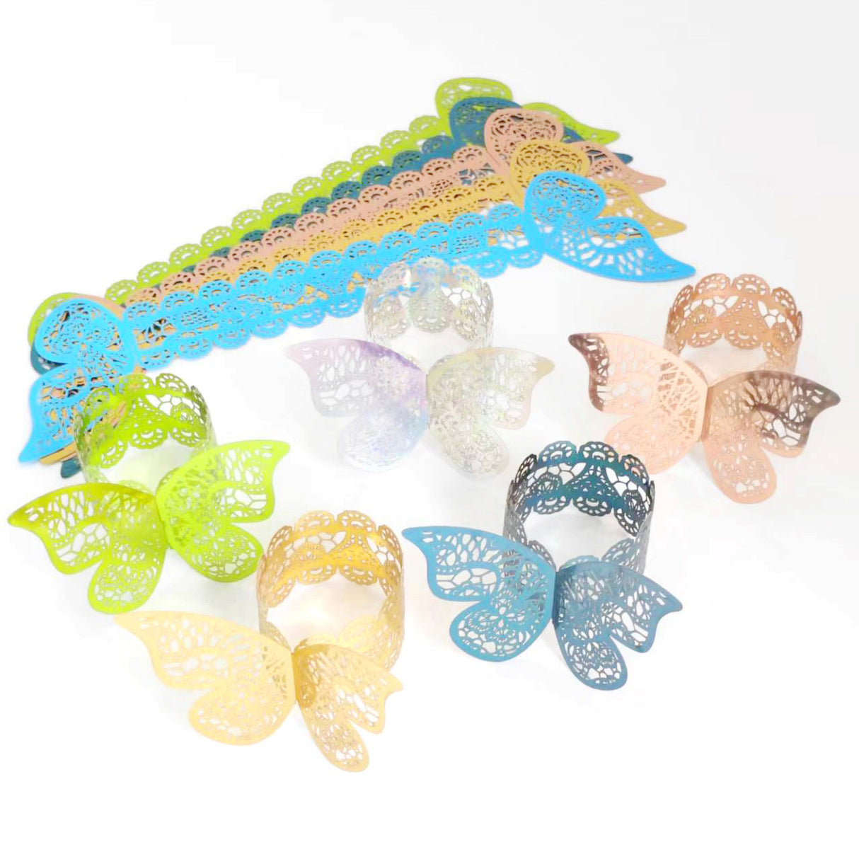50 Pc Paper Napkin Rings Shimmery Butterfly Laser Cut Mirror Yellow Green