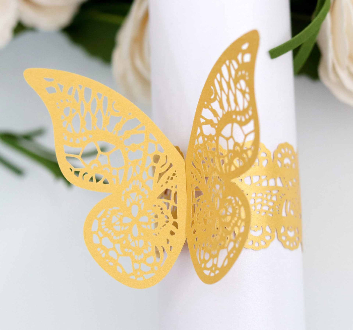50 Pc Paper Napkin Rings Shimmery Butterfly Laser Cut Mirror Gold
