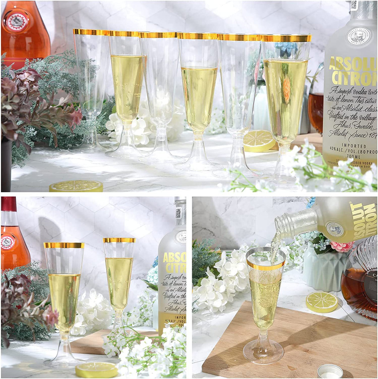 12 Pcs Plastic Champagne Flutes 5oz Clear with Gold Rim