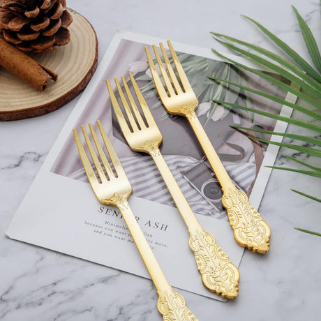 24 Pc Plastic Forks 8" Metallic Gold Baroque Style