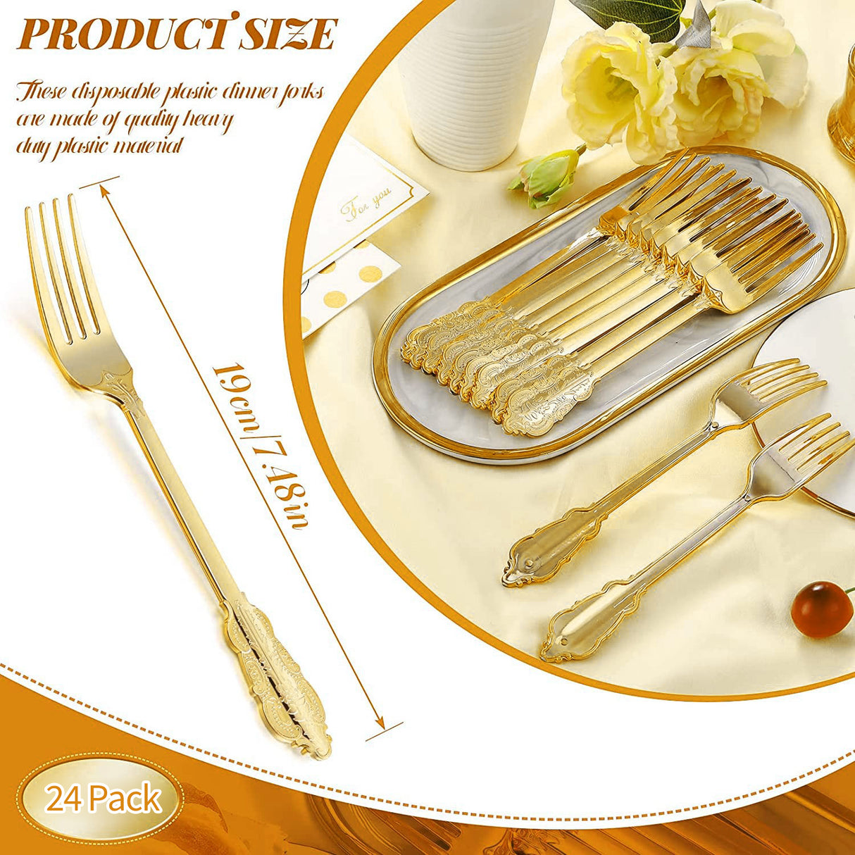 24 Pc Plastic Forks 8" Metallic Gold Baroque Style