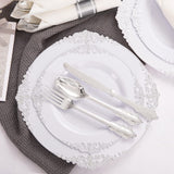 24 Pcs Plastic Silverware Set Metallic Silver in Baroque Style
