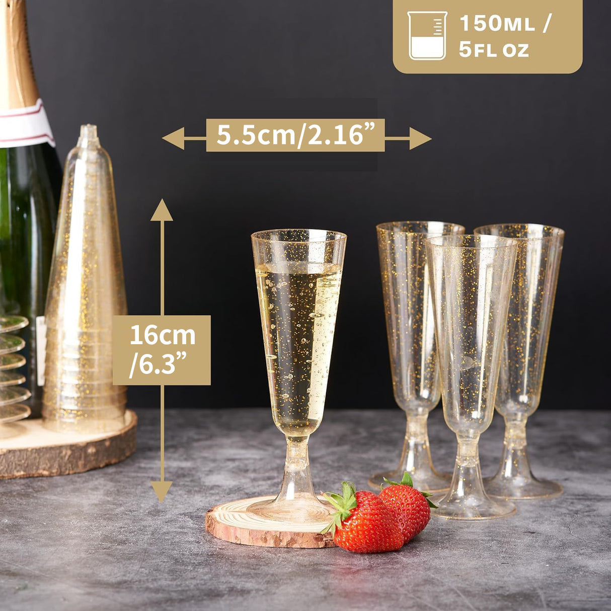 12 Pcs Plastic Champagne Glasses 5oz Gold Glittered Short Stem
