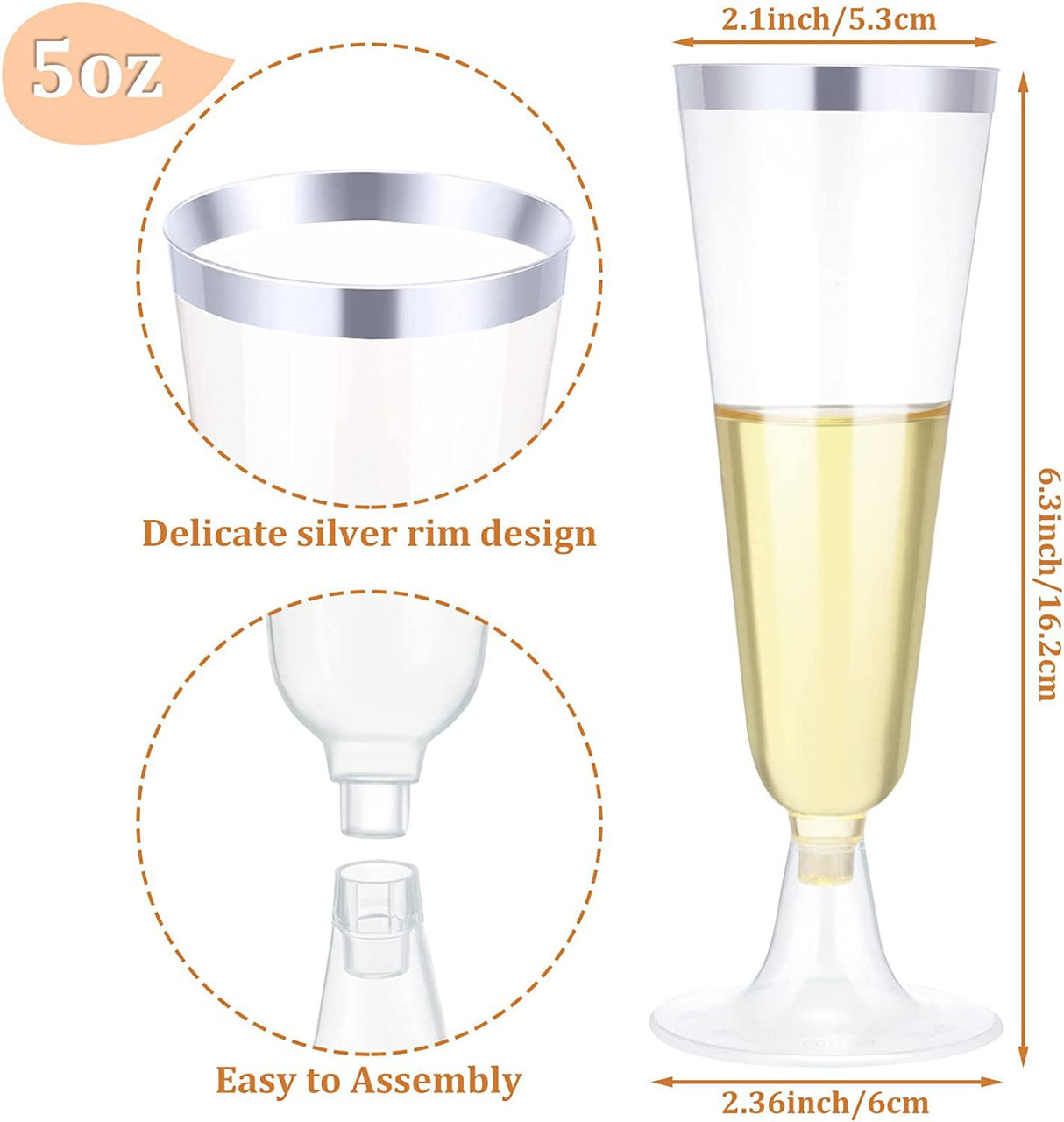 12 Pcs Plastic Champagne Flutes 5oz Clear with Silver Rim