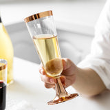 12 Pcs Plastic Champagne Flutes 5oz Clear with Rose Gold Rim and Base