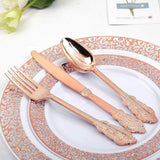 24 Pcs Plastic Silverware Set Metallic Rose Gold in Baroque Style