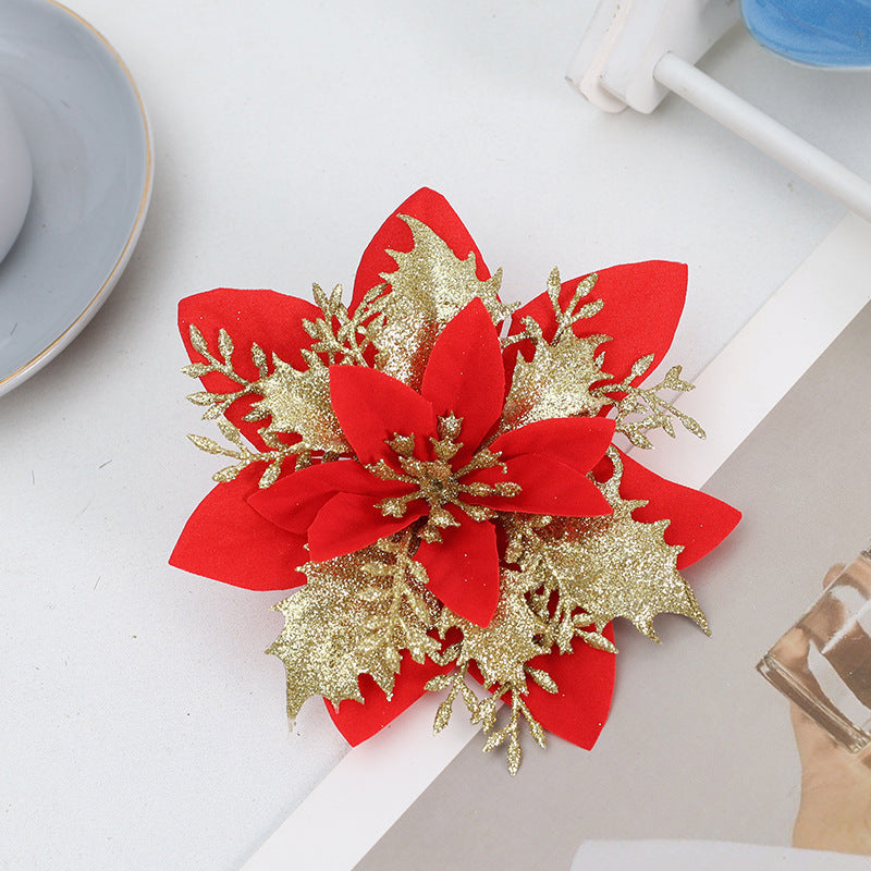 30Pcs Glitter Artificial Flower Poinsettia Decorations Christmas Tree Flower 5.5" Gold Red