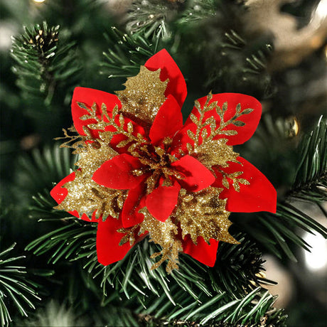 30Pcs Glitter Artificial Flower Poinsettia Decorations Christmas Tree Flower 5.5" Gold Red