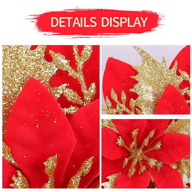 30Pcs Glitter Artificial Flower Poinsettia Decorations Christmas Tree Flower 5.5" Gold