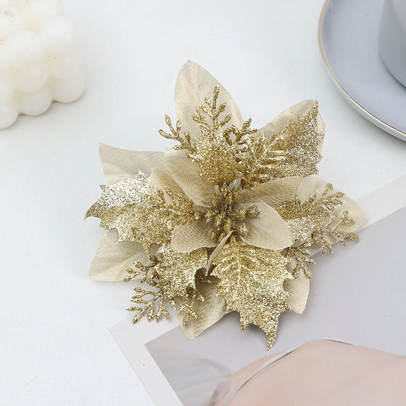 30Pcs Glitter Artificial Flower Poinsettia Decorations Christmas Tree Flower 5.5" Gold