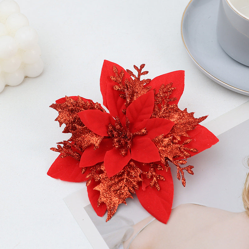 30Pcs Glitter Artificial Flower Poinsettia Decorations Christmas Tree Flower 5.5" Red