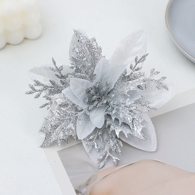 30Pcs Glitter Artificial Flower Poinsettia Decorations Christmas Tree Flower 5.5" Silver