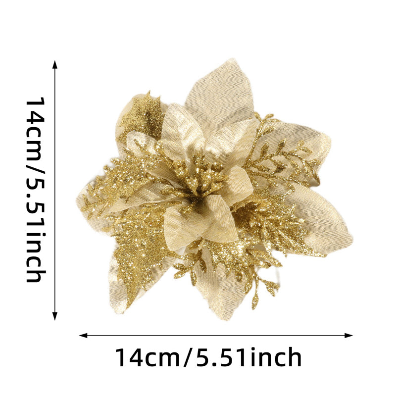 30Pcs Glitter Artificial Flower Poinsettia Decorations Christmas Tree Flower 5.5" Gold