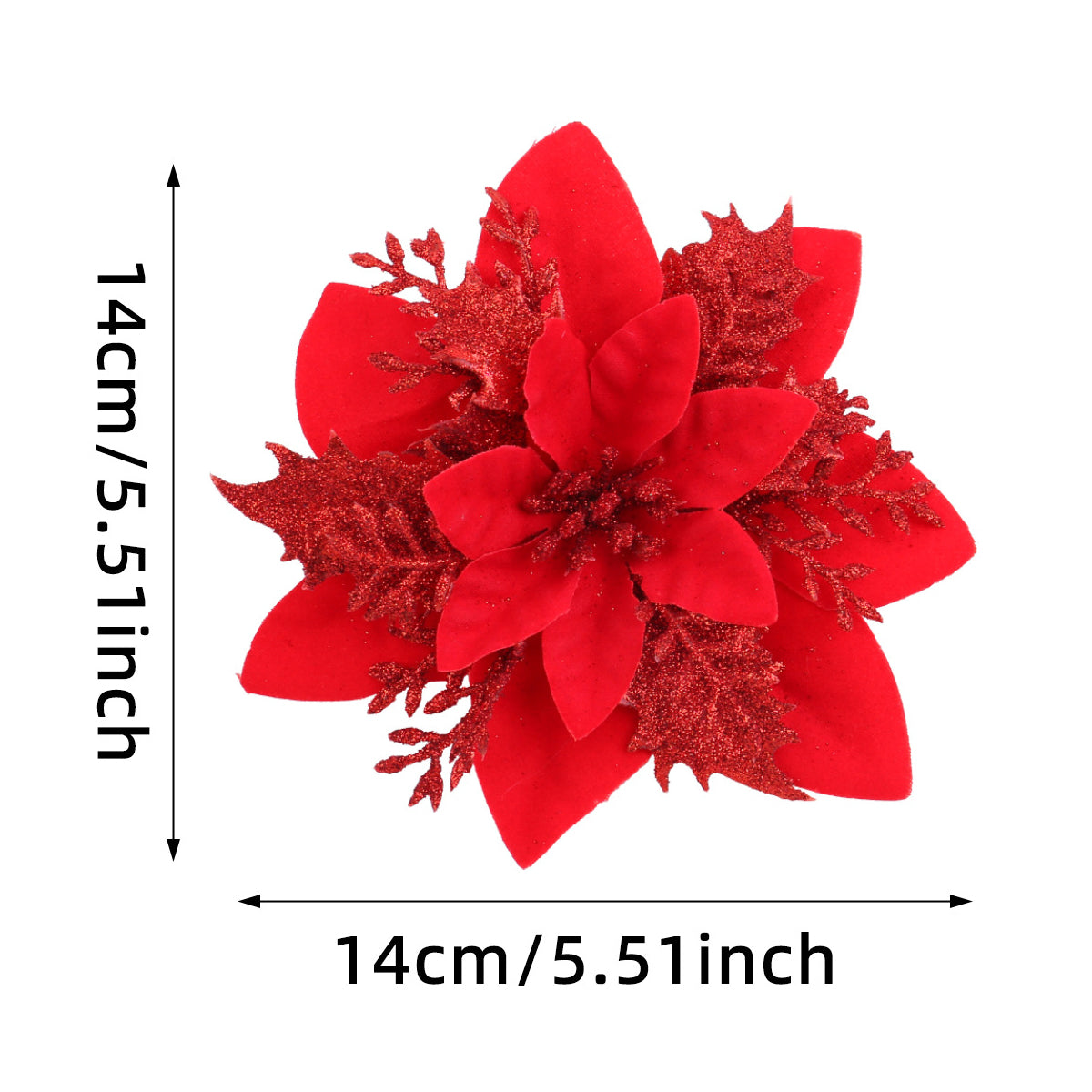 30Pcs Glitter Artificial Flower Poinsettia Decorations Christmas Tree Flower 5.5" Red