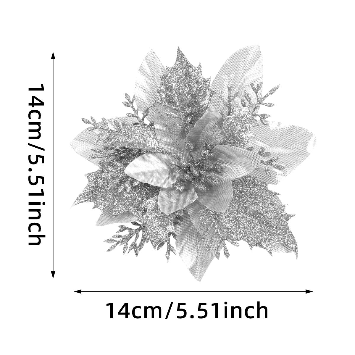 30Pcs Glitter Artificial Flower Poinsettia Decorations Christmas Tree Flower 5.5" Silver