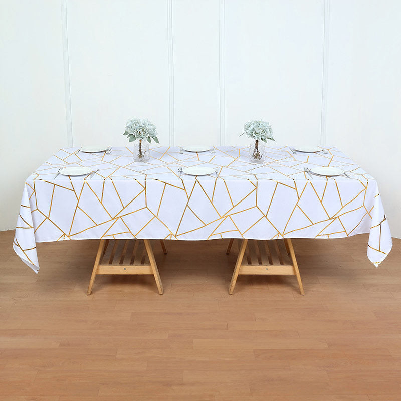 Polyester Rectangle Tablecloth With Gold Foil Geometric Pattern 90"x156" White