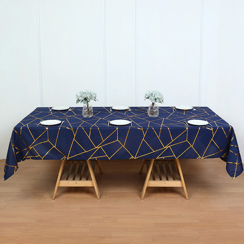 Polyester Rectangle Tablecloth With Gold Foil Geometric Pattern 90"x156" Navy Blue
