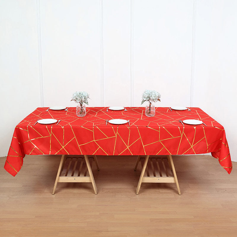 Polyester Rectangle Tablecloth With Gold Foil Geometric Pattern 90"x156" Red