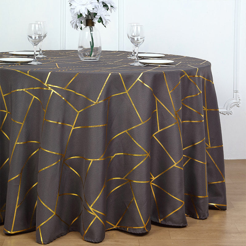 Polyester Round Tablecloth With Gold Foil Geometric Pattern 120" Dark Gray