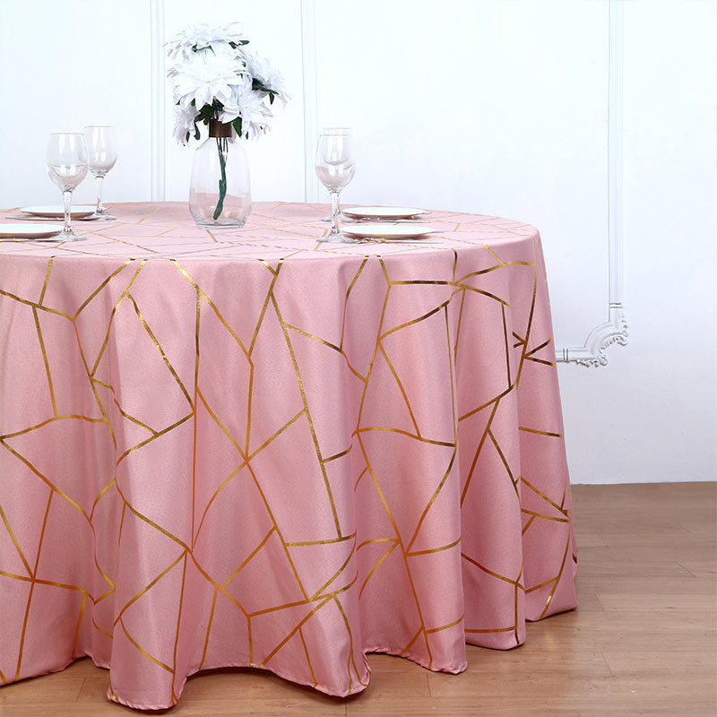 Polyester Round Tablecloth With Gold Foil Geometric Pattern 120" Gray Pink