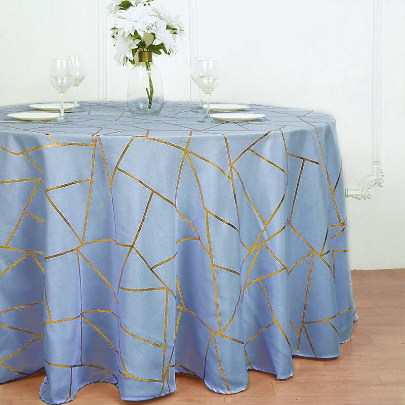 Polyester Round Tablecloth With Gold Foil Geometric Pattern 120" Gray Blue