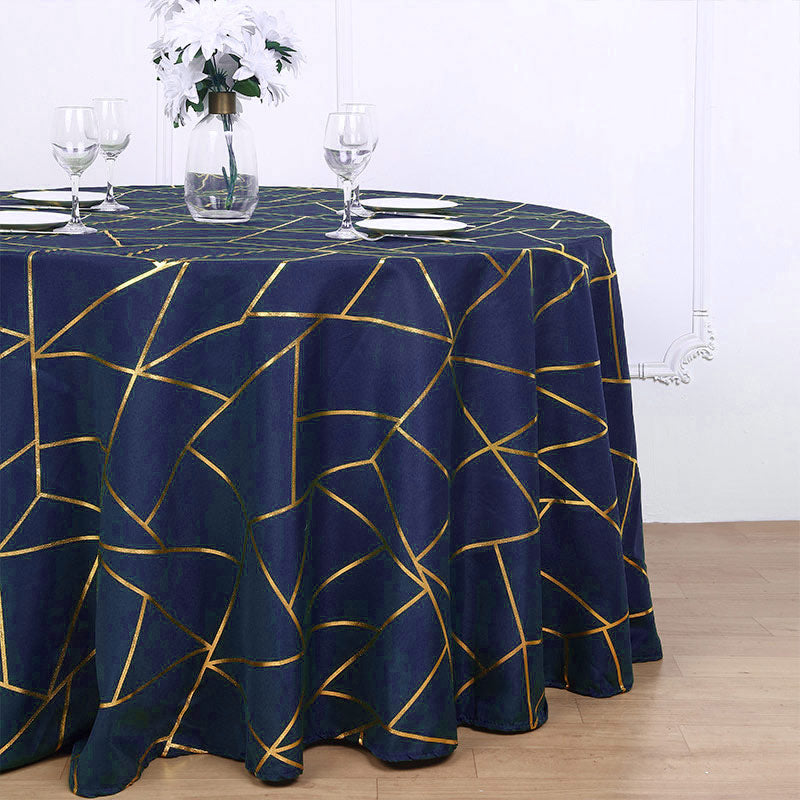 Polyester Round Tablecloth With Gold Foil Geometric Pattern 120" Navy Blue