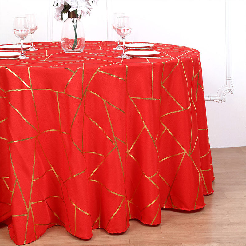 Polyester Round Tablecloth With Gold Foil Geometric Pattern 120" Red