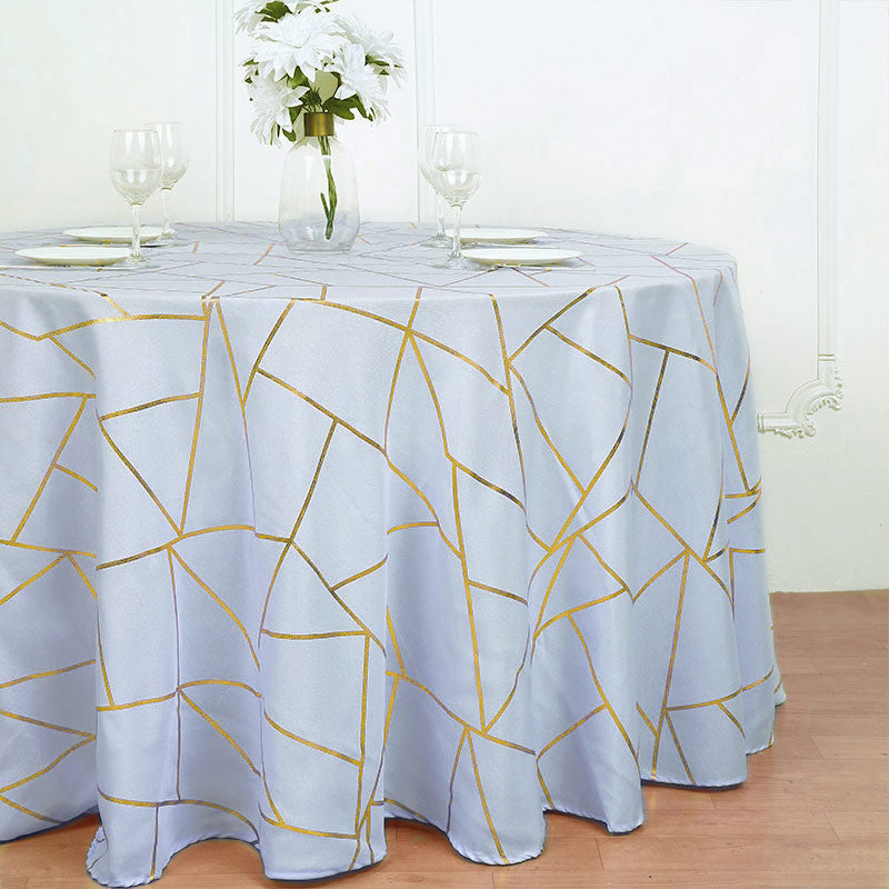 Polyester Round Tablecloth With Gold Foil Geometric Pattern 120" Light Purple