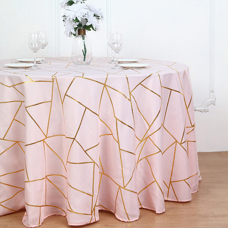 Polyester Round Tablecloth With Gold Foil Geometric Pattern 120" Light Pink