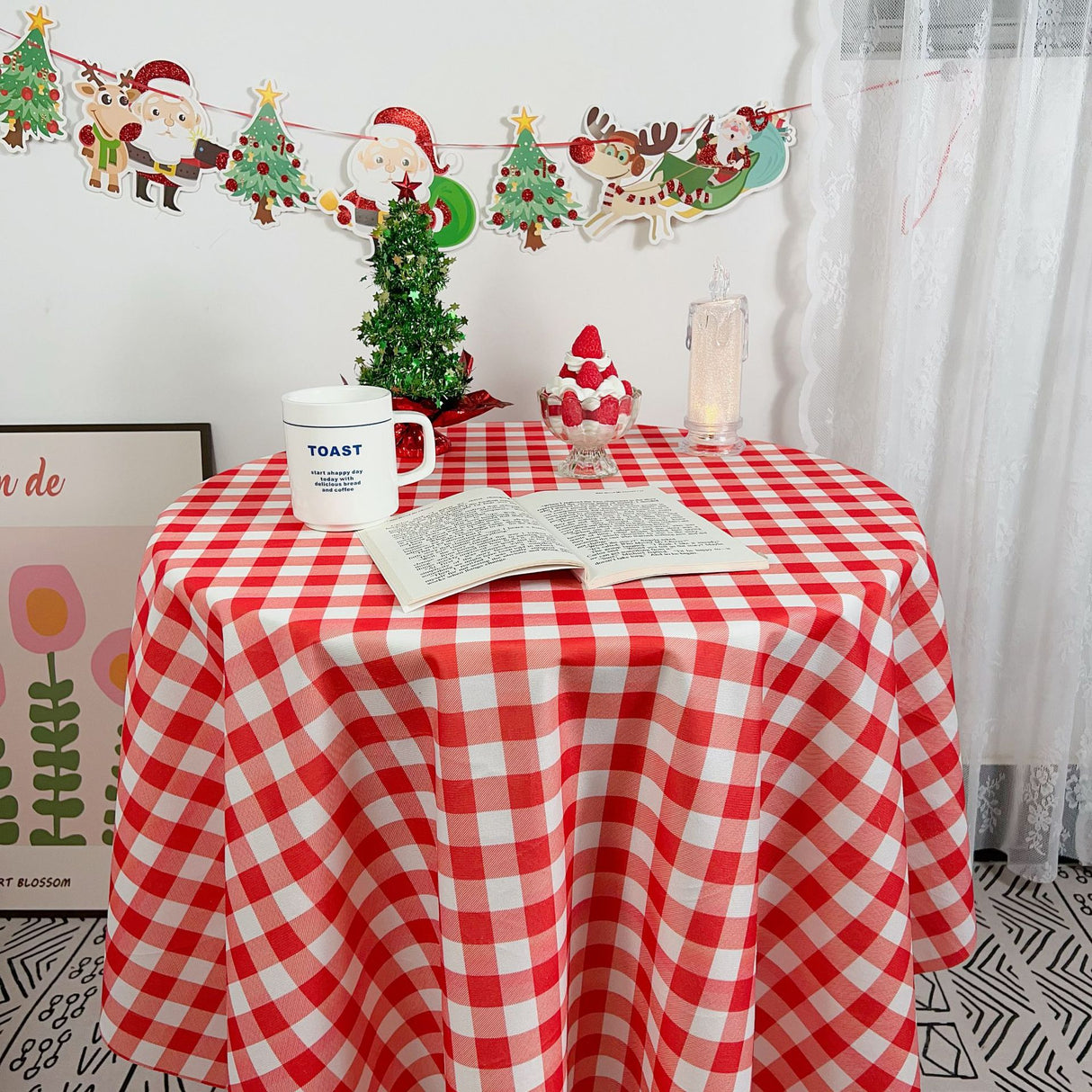 Polyester Checkered Round Tablecloth White/Apple Green