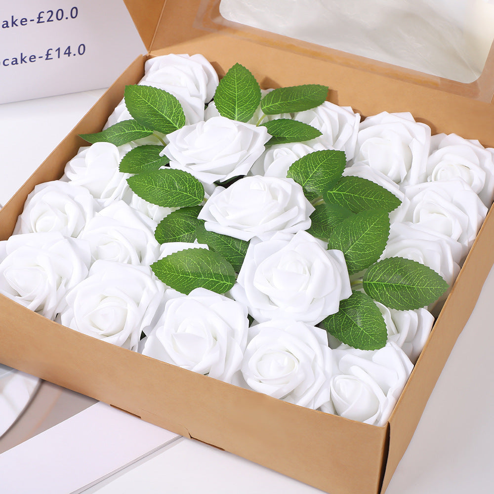 25 Rose Artificial Foam Flowers with Stems Wire and Leaves 2.8" White