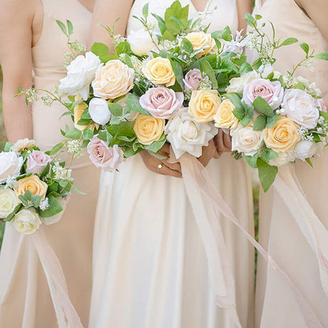25 Rose Artificial Foam Flowers with Stems Wire and Leaves 2.8" Milky White