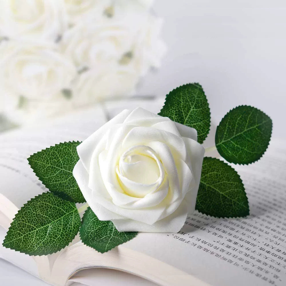 25 Rose Artificial Foam Flowers with Stems Wire and Leaves 2.8" Milky White