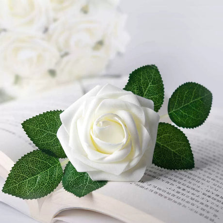 25 Rose Artificial Foam Flowers with Stems Wire and Leaves 2.8" White