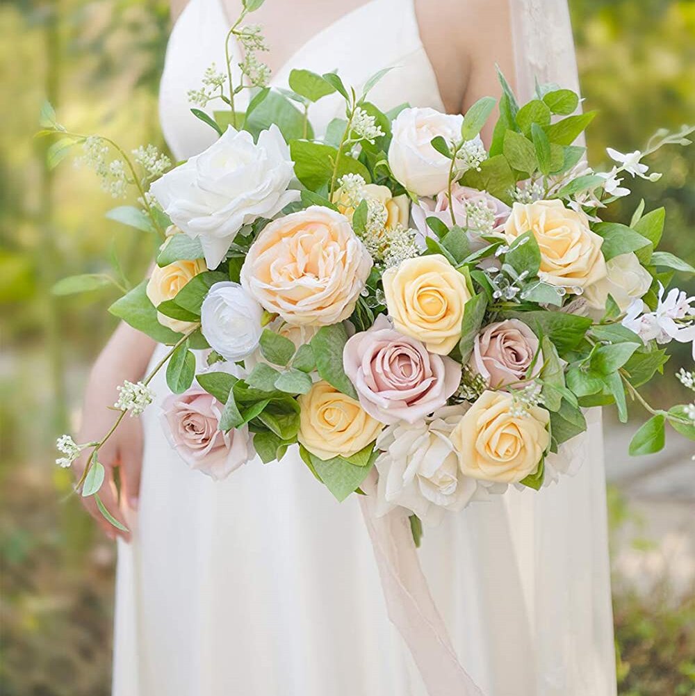 25 Rose Artificial Foam Flowers with Stems Wire and Leaves 2.8" Milky White