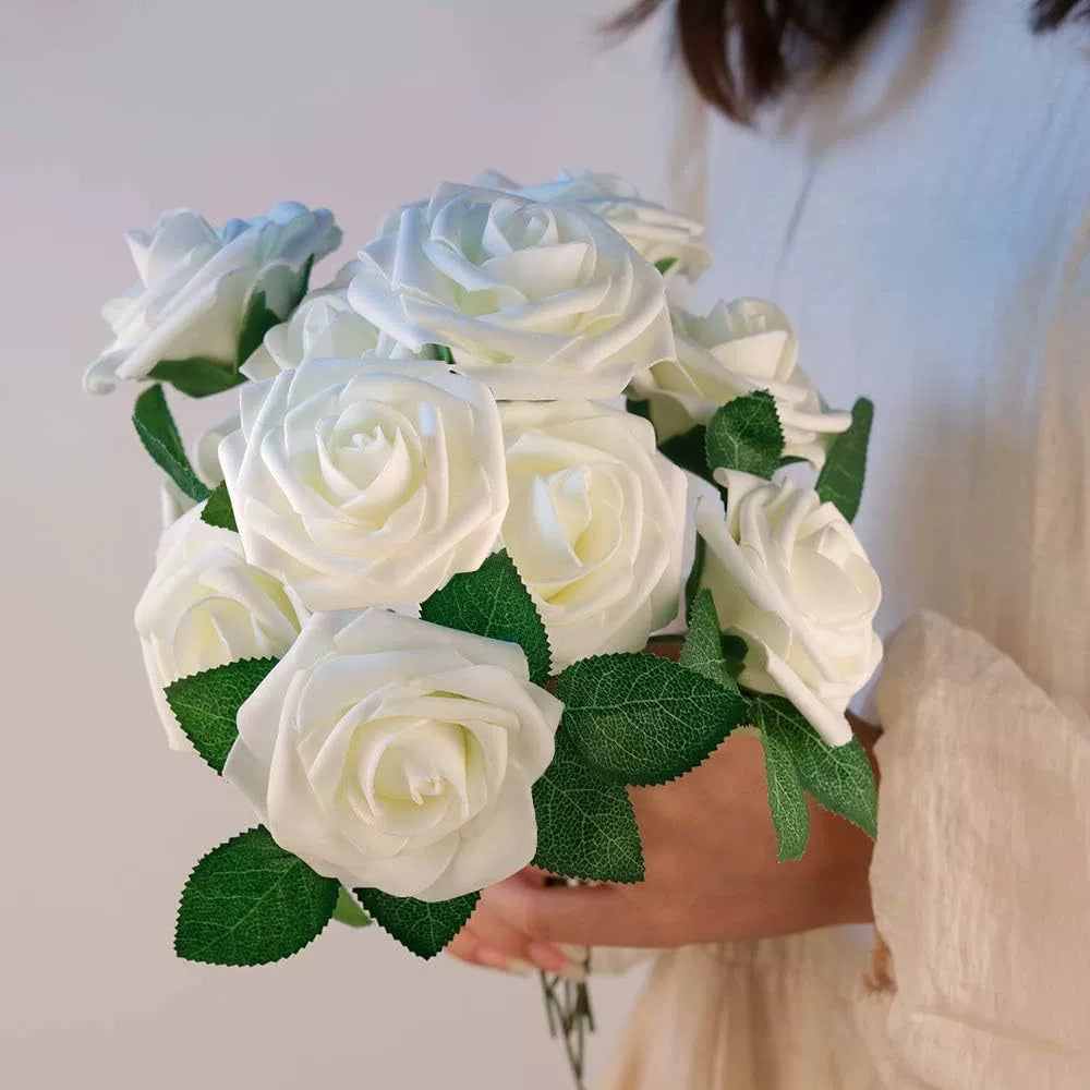 25 Rose Artificial Foam Flowers with Stems Wire and Leaves 2.8" Milky White
