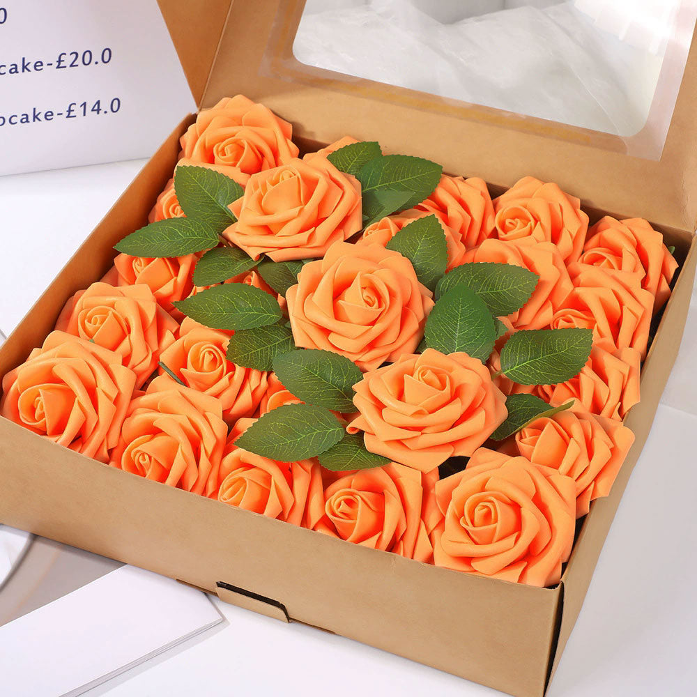 25 Rose Artificial Foam Flowers with Stems Wire and Leaves 2.8" Orange
