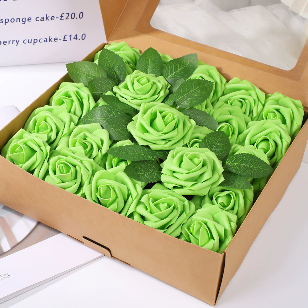 25 Rose Artificial Foam Flowers with Stems Wire and Leaves 2.8" Green