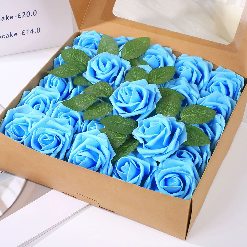 25 Rose Artificial Foam Flowers with Stems Wire and Leaves 2.8" Light Blue