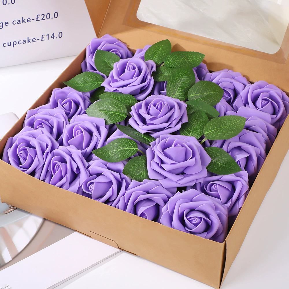 25 Rose Artificial Foam Flowers with Stems Wire and Leaves 2.8" Light Purple