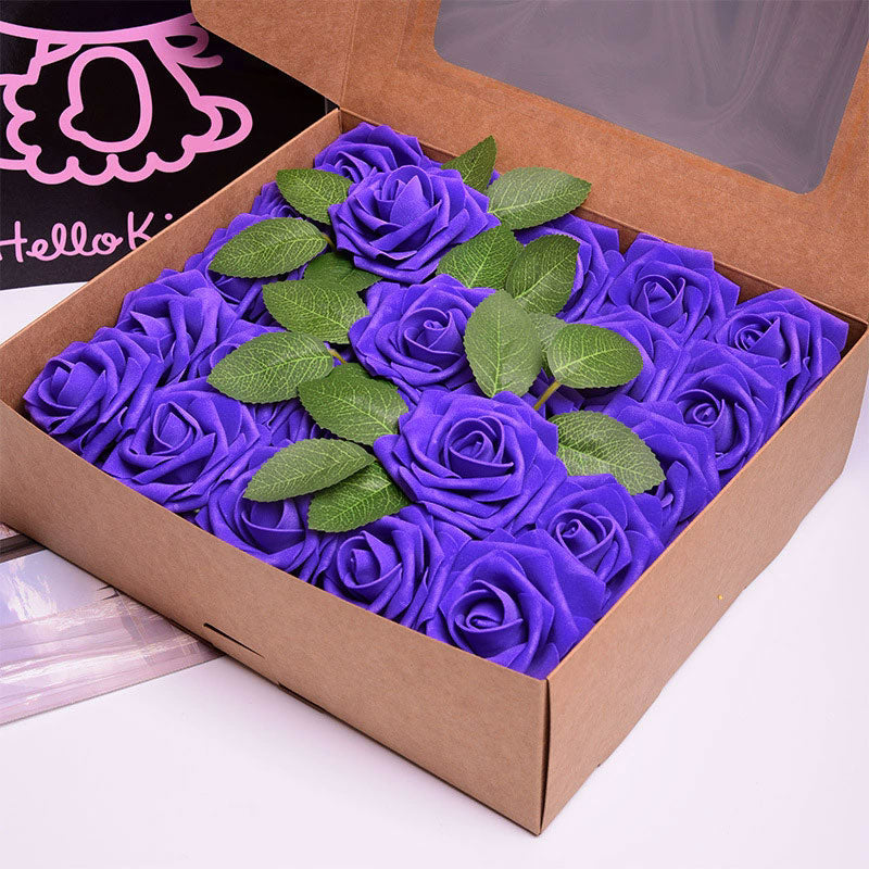 25 Rose Artificial Foam Flowers with Stems Wire and Leaves 2.8" Dark Purple