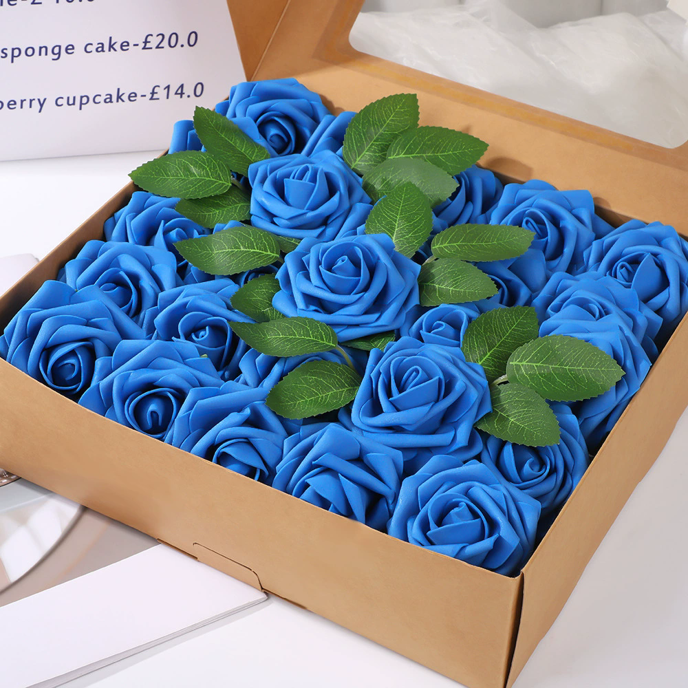 25 Rose Artificial Foam Flowers with Stems Wire and Leaves 2.8" Dark Blue