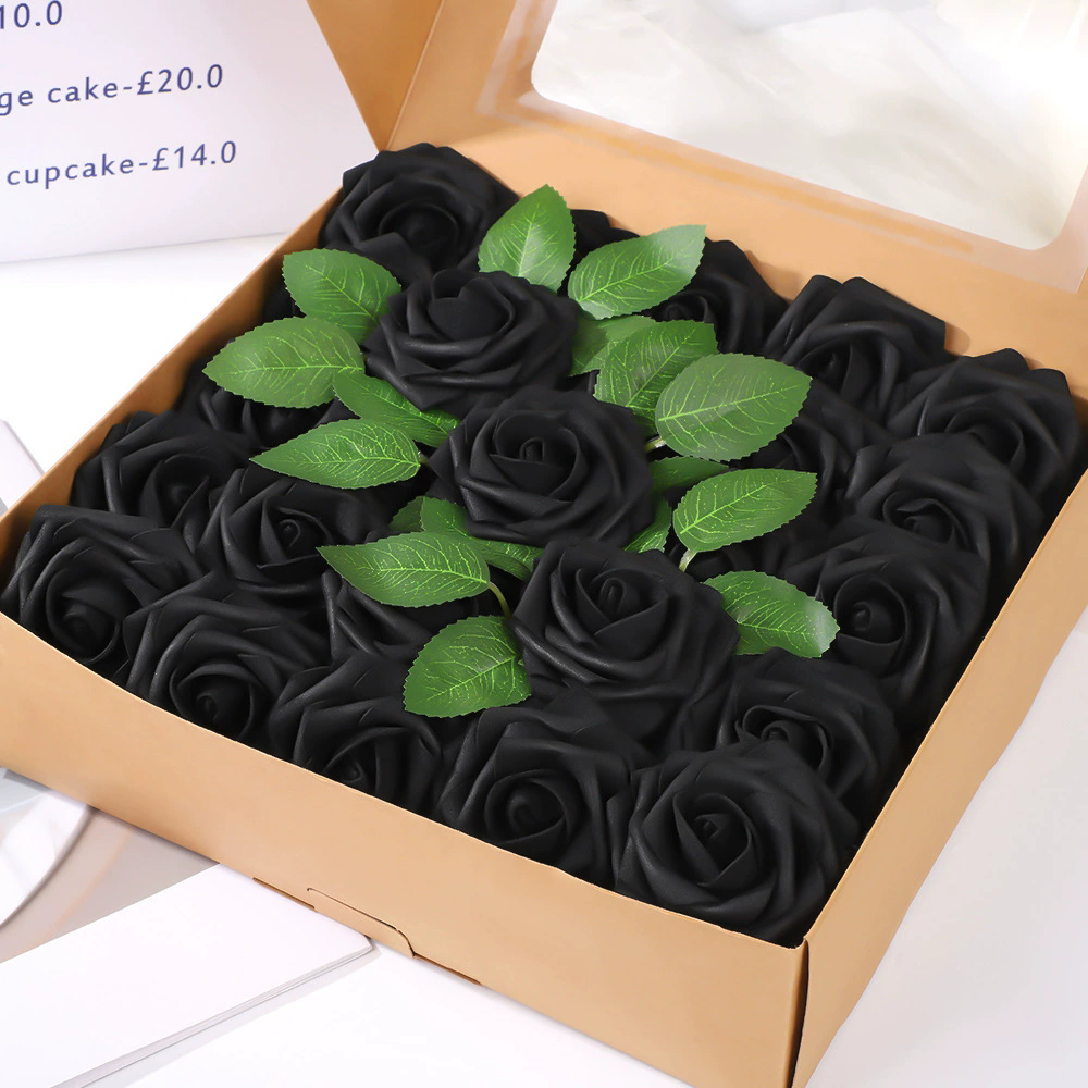 25 Rose Artificial Foam Flowers with Stems Wire and Leaves 2.8" Black