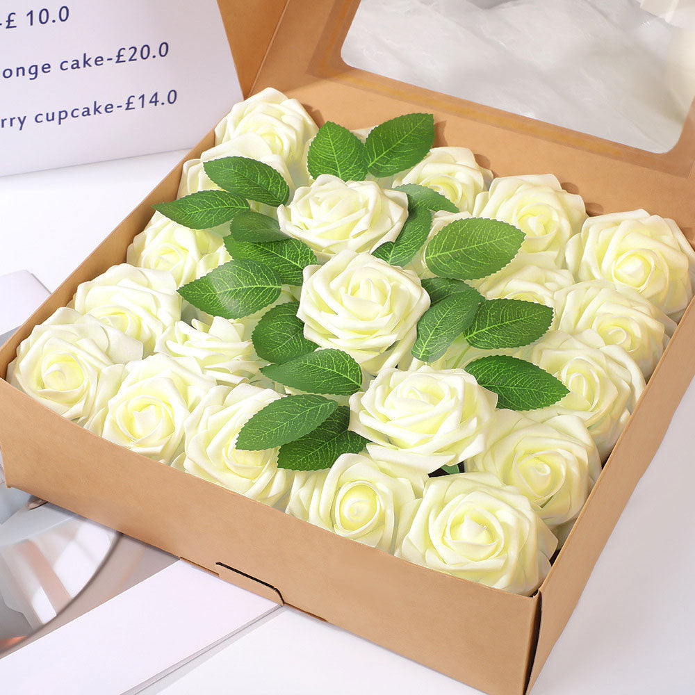 25 Rose Artificial Foam Flowers with Stems Wire and Leaves 2.8" Milky White