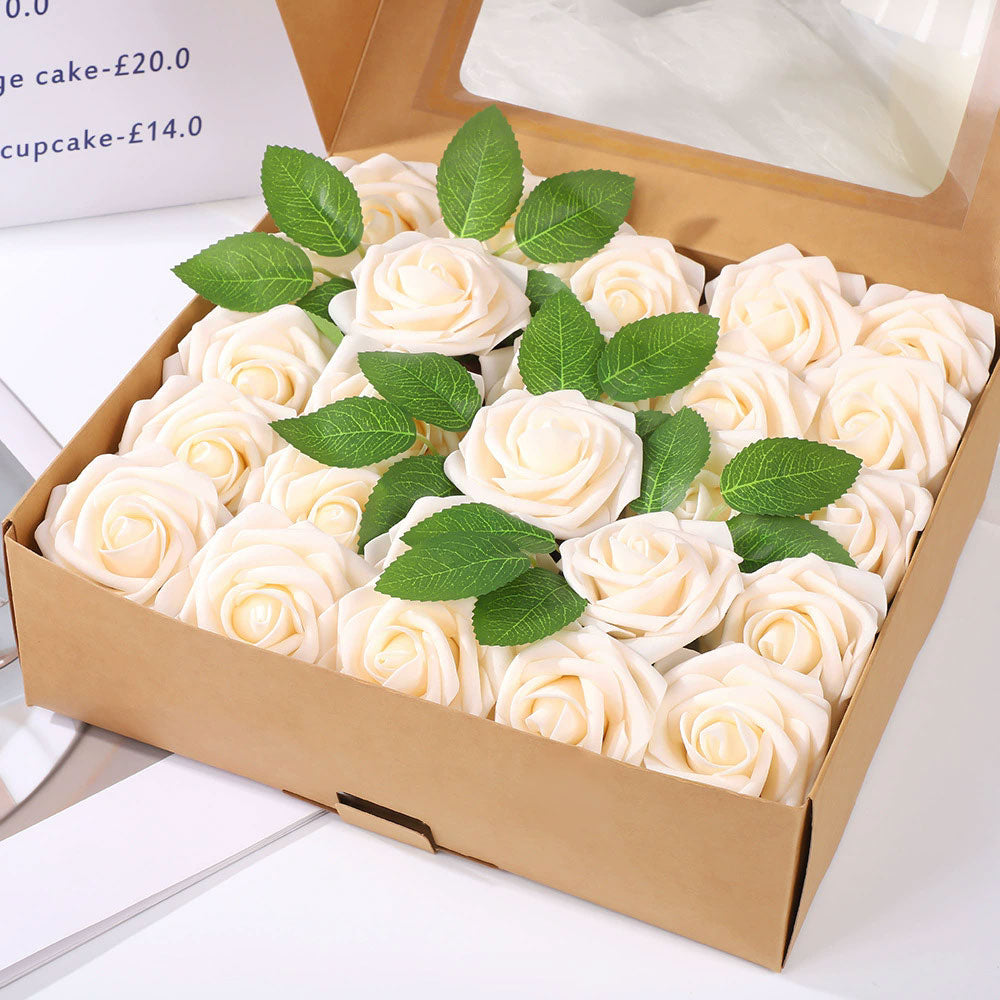 25 Rose Artificial Foam Flowers with Stems Wire and Leaves 2.8" Champagne