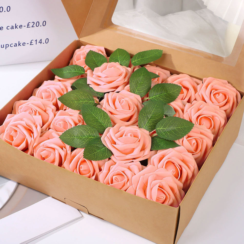 25 Rose Artificial Foam Flowers with Stems Wire and Leaves 2.8" Pink