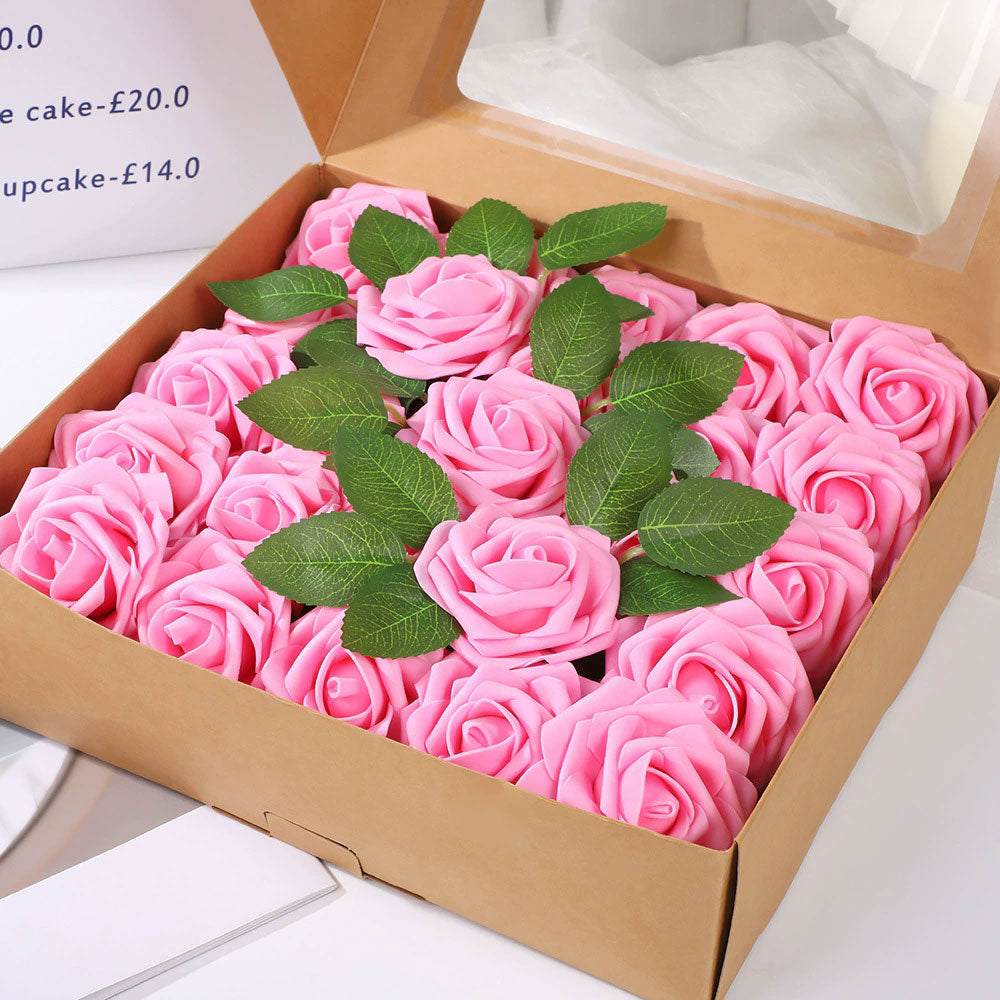 25 Rose Artificial Foam Flowers with Stems Wire and Leaves 2.8" Green Pink